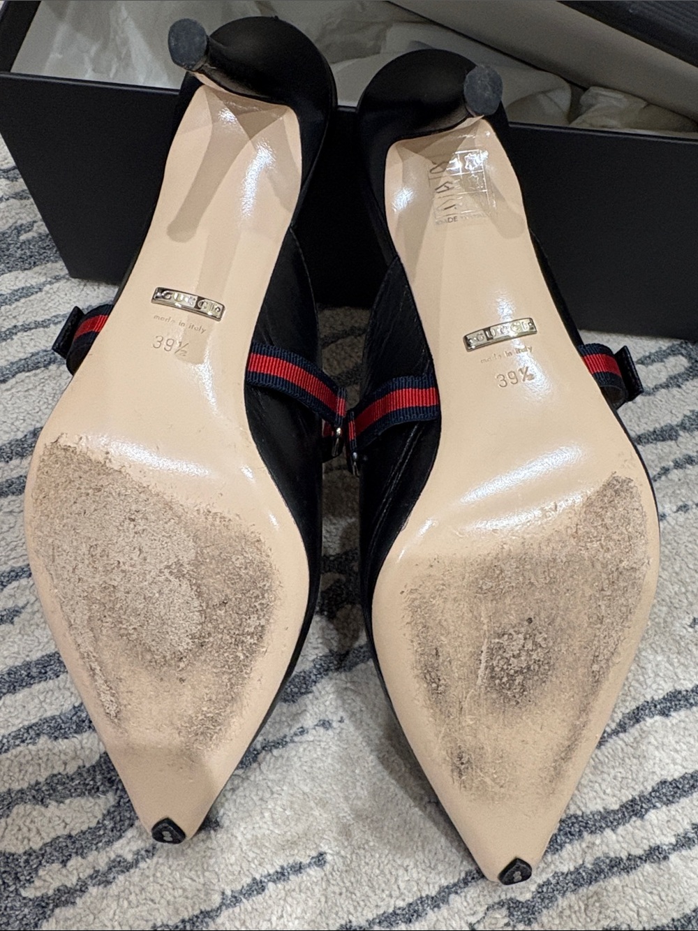 Gucci Sylvie Horsebit Slingback Pump Mule Black Web Stripe Mid Heel - Picture 6 of 15
